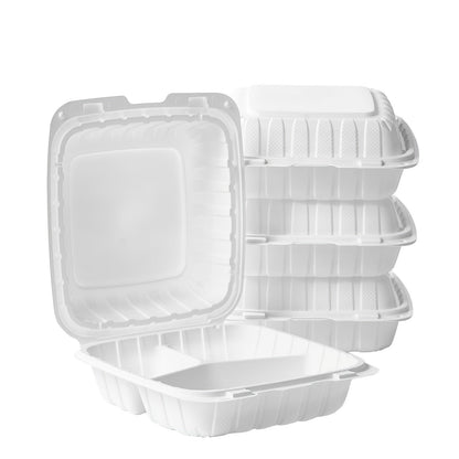 Disposable Food Containers Take Out Boxes with Lids - 7" 8" 9" Plastic Clamshell Meal Prep Containers BPA Free 1 & 3 Compartment Heavy Duty Reusable White