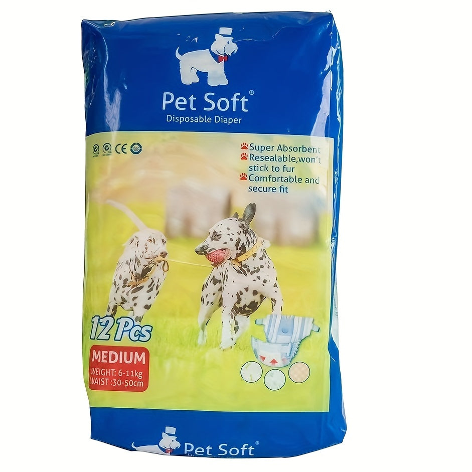 Disposable Dog Diapers – Ultra-Absorbent Leakproof 12-Pack for Male & Female Dogs, Elastic Waistband, 3 Colors, S & M Sizes for Incontinence & Travel