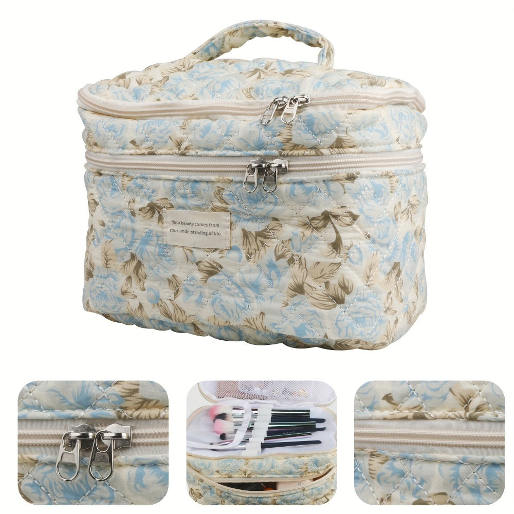 Makeup Bag Set 3 PCS Quilted Cotton Dual Layer Large Capacity Floral Coquette Aesthetic Travel Cosmetic Bag Women Toiletry Organizer Cute Soft Fabric Pouch Blue Pink Purple 6 Styles