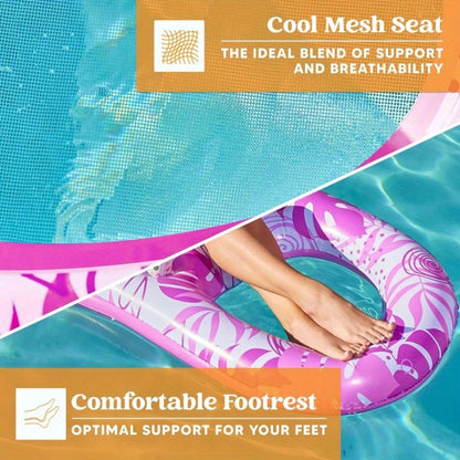 Recliner Pool Float Lounger for Adults – Inflatable Zero-Gravity Floating Chair with Cup Holders, Mesh Seat & Foot Rest, Pink Tropical Leaf Design, Summer Pool Party Water Toy