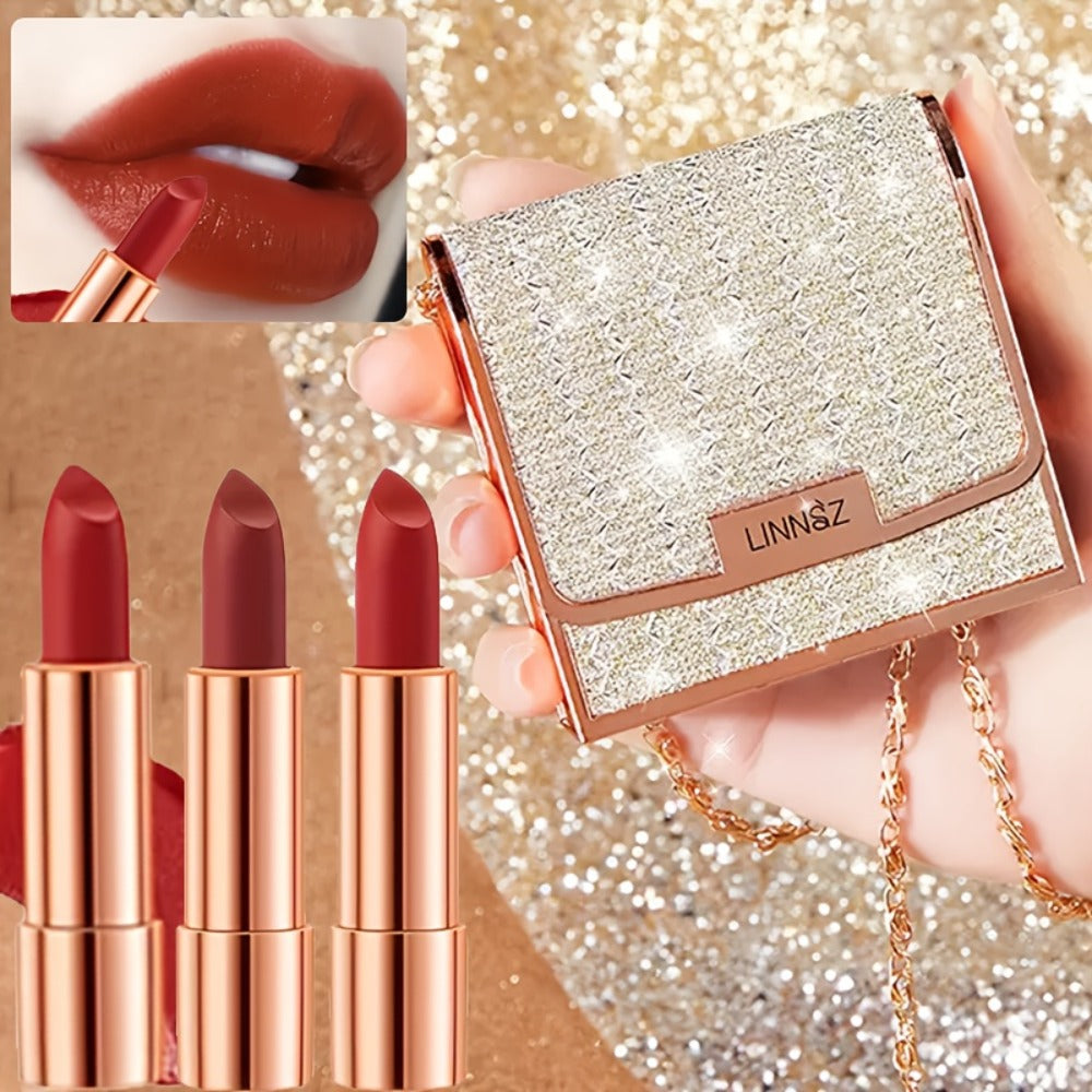 Matte Lipstick Gift Set 3 Pack Velvet Waterproof Long-Lasting Anti-Fading Intense Pigment Full Coverage Lip Color with Elegant Silvery Chain Bag for Women