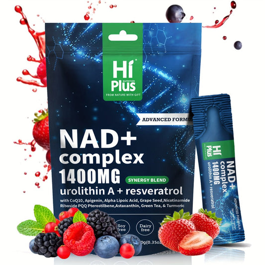 NAD+ 1400mg Liposomal Sachets with Nicotinamide Riboside, PQQ & Trans-Resveratrol – Cellular Energy, Focus & Anti-Ageing Antioxidant Supplement | HiPlus Berry Flavour | 20 or 40 Pack
