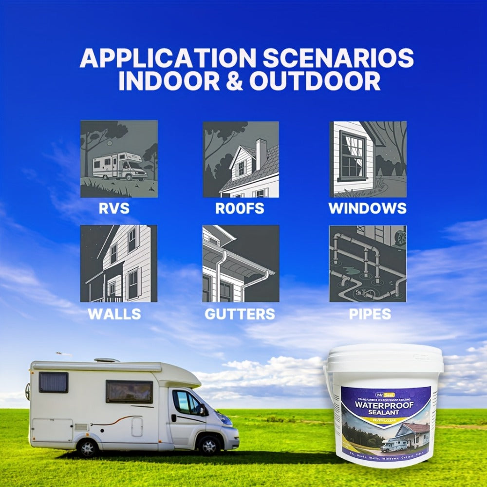 RV Waterproof Sealant 4.41LB – Flexible Clear Roof & Gutter Sealant Covers 160 Sq Ft | Multi-Surface Water-Based Coating for RV, Home & Outdoor Use | Includes Brush