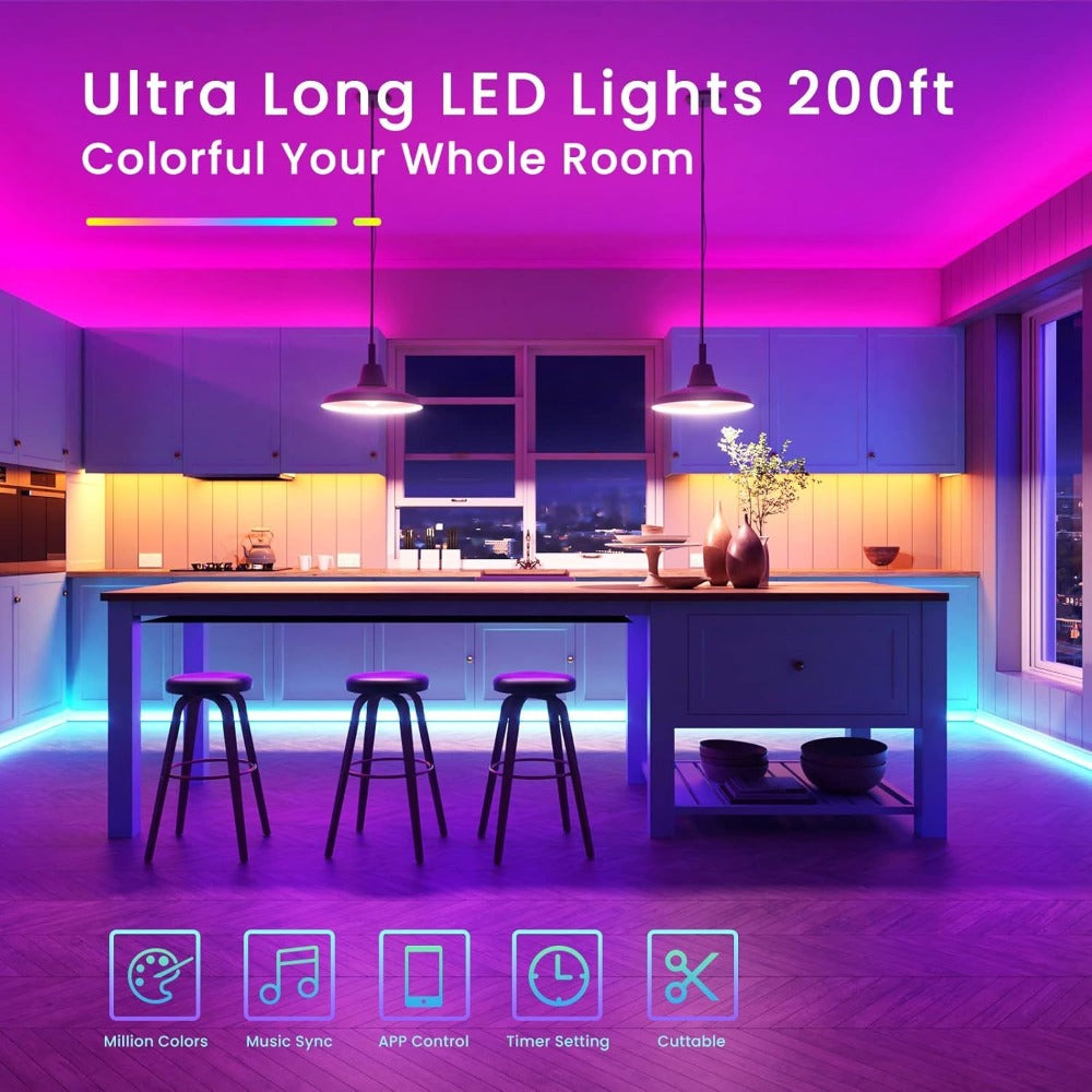Smart LED Strip Lights 5050 RGB IC App & Remote Control, Music Sync Color Changing, for Bedroom Living Room Kitchen TV Home Decoration, Party Holiday Lighting – 25ft 50ft 100ft 130ft 200ft Available