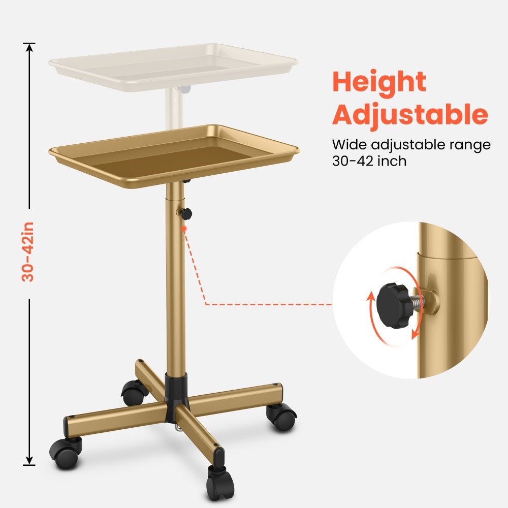 Salon Rolling Tray Trolley on Wheels Height Adjustable 30"-42" – Silver Mobile Salon Cart for Nail Tech, Esthetician, Barber, Hair Stylist & Beauty Station Tool Organizer