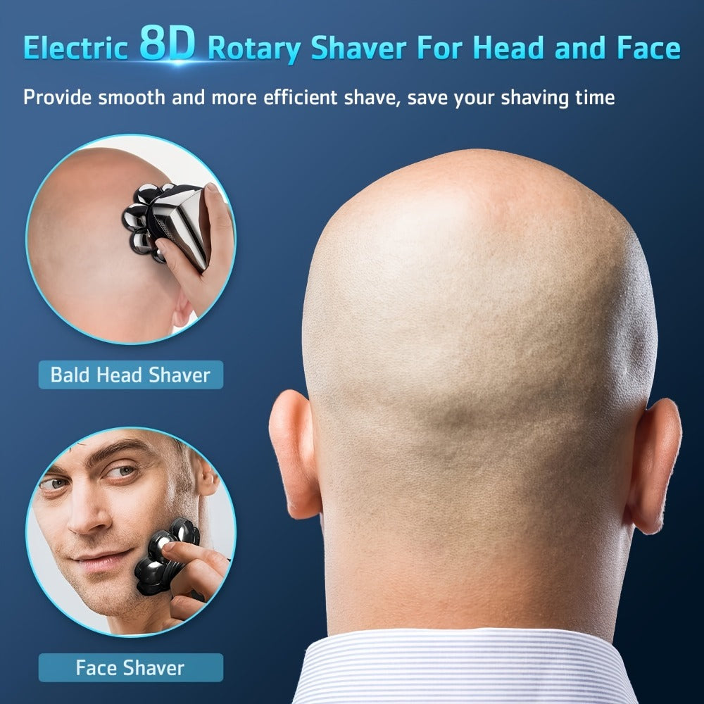 Bald Head Shaver for Men 5-in-1 8D Electric Razor — Multi-Directional Floating Blades with Beard Grooming Kit, Rechargeable Cordless Men's Grooming Set, Smooth Close Shave, Gift for Him (Silver / 9D Options)