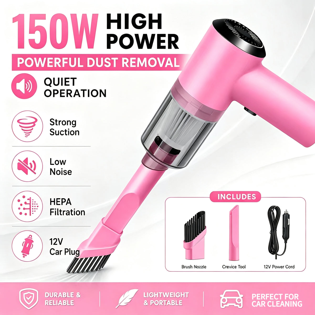 Stylish Pink Car Vacuum Cleaner, Equipped with a 12V Power Supply Output. Easily Cleans Your Beloved Car, Very Suitable for Women, And Makes an Excellent Choice for Your Beloved Vehicle, Without Battery