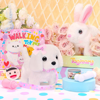 Walking Barking Dog Toy Electronic Interactive Puppy Plush with Tail Wagging Leash Bow Soft Stuffed Animal Birthday Christmas Easter Gift for Kids Girls Toddlers
