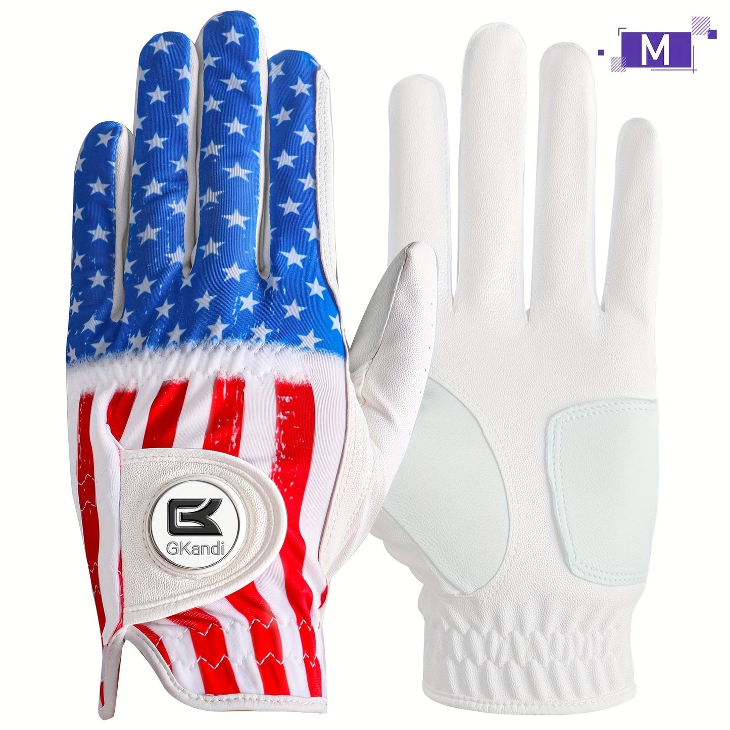 Men's Golf Glove Left Hand with Ball Marker - Breathable All Weather Grip, Hook & Loop Closure, Sizes S M ML L XL, USA Flag, Blue & White, Stylish Polyester Golf Gloves for Men Golfers, Confident Swing Every Round
