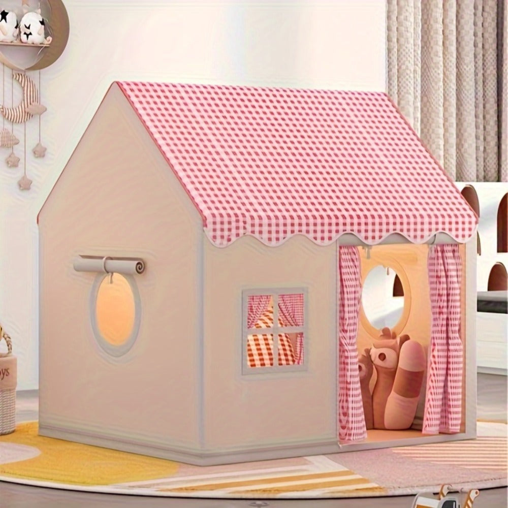 Kids Cabin Style Checked Play Tent – Indoor & Outdoor Polyester Playhouse Tent for Home Decor & Family Fun | Pink, Khaki, Yellow | Holiday Gift & Party Decoration