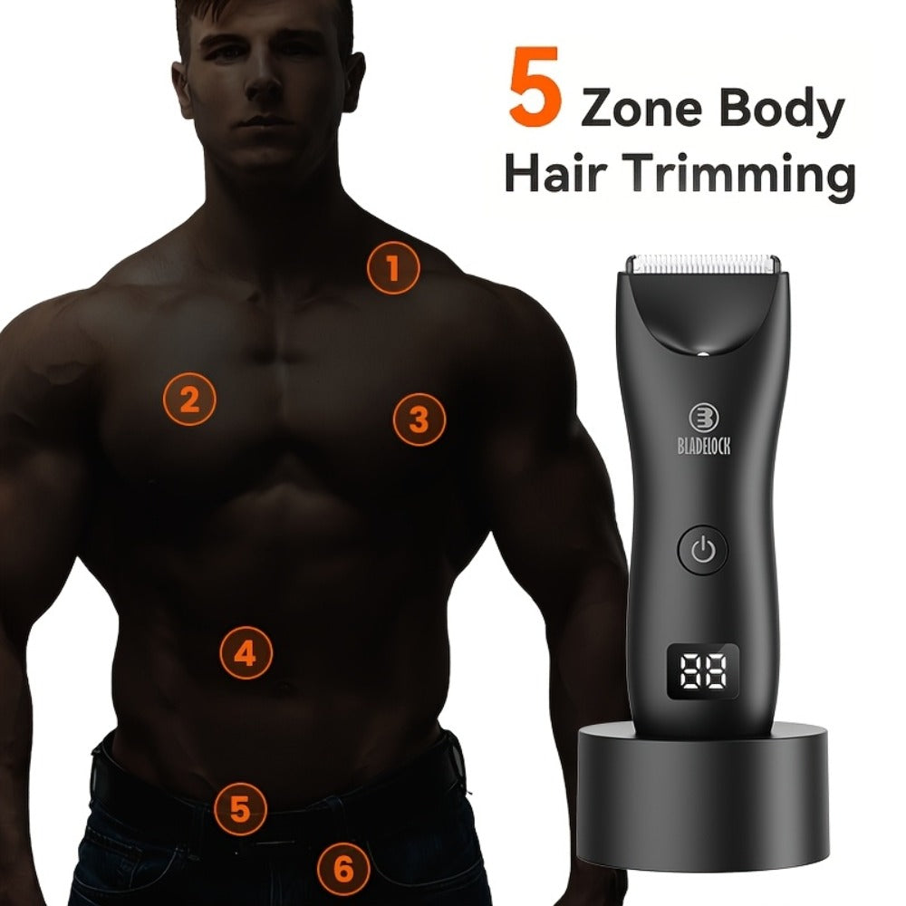 Manscaping Trimmer for Men IPX7 Waterproof Electric Groin & Ball Trimmer Ceramic Blades LCD Battery Display Replaceable Head - Body Hair Shaver Groomer Black Grey