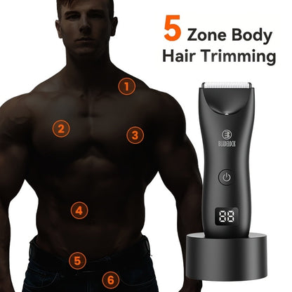 Manscaping Trimmer for Men IPX7 Waterproof Electric Groin & Ball Trimmer Ceramic Blades LCD Battery Display Replaceable Head - Body Hair Shaver Groomer Black Grey