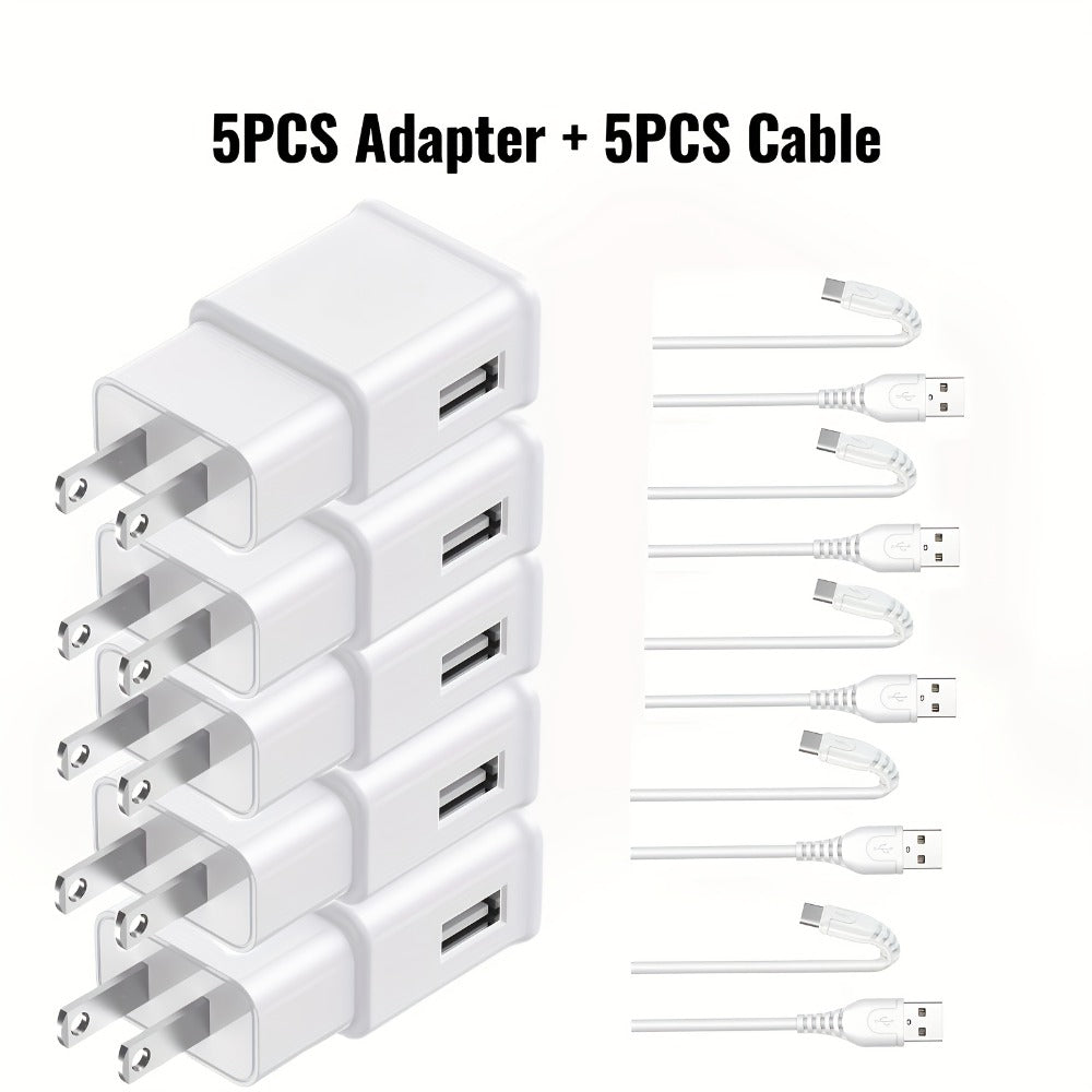 USB Wall Charger Compatible with Samsung Galaxy S25 S24 S23 S22 S21 S20 S10 S9 S8 S7 Note 10 - Adaptive 5V 2A Fast Charging, Bulk Pack 5pcs & 6pcs with Cables, White & Black Options