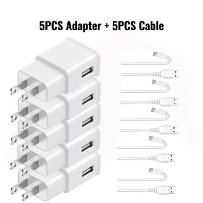 USB Wall Charger Compatible with Samsung Galaxy S25 S24 S23 S22 S21 S20 S10 S9 S8 S7 Note 10 - Adaptive 5V 2A Fast Charging, Bulk Pack 5pcs & 6pcs with Cables, White & Black Options