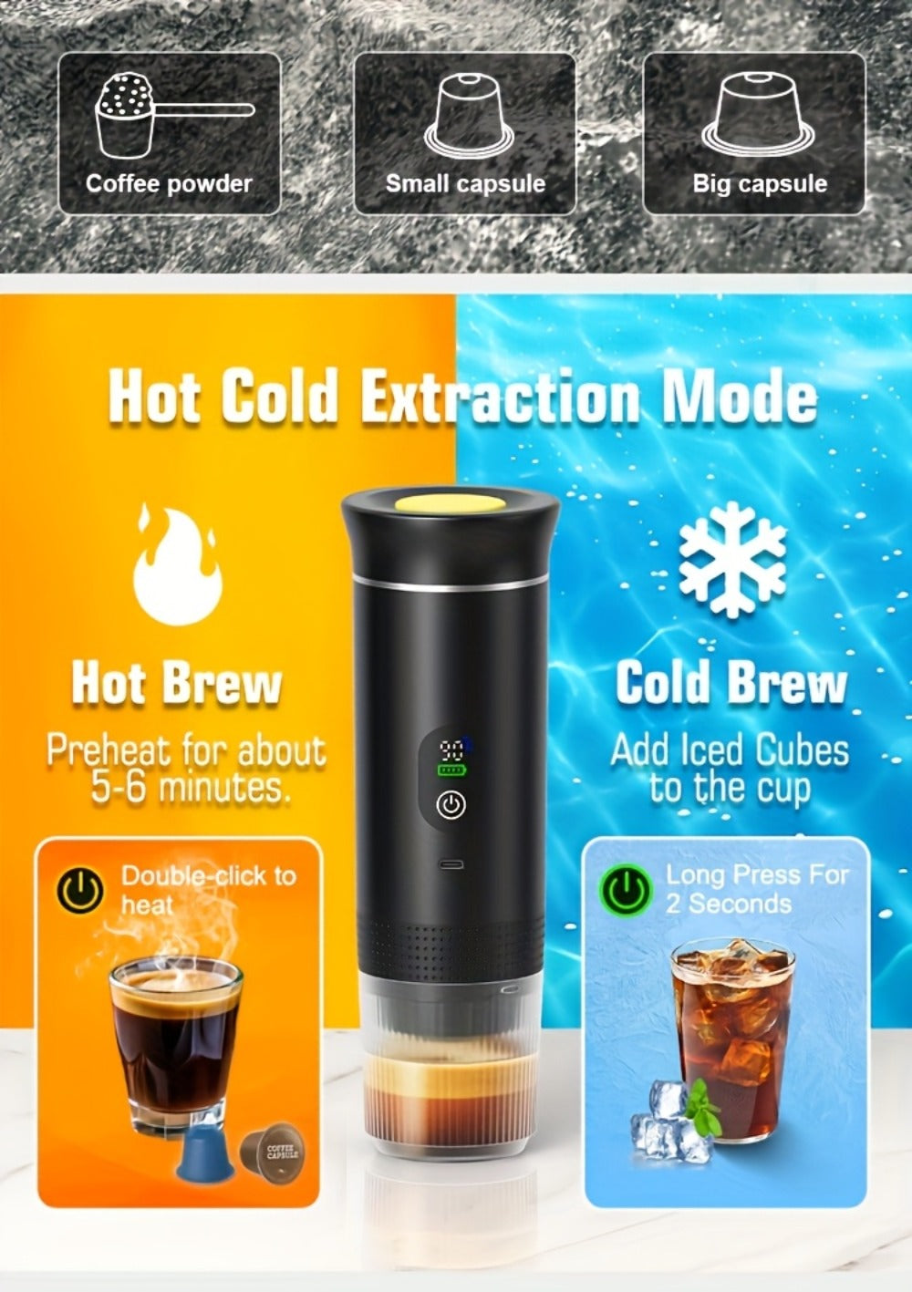 Portable Espresso Machine Type-C Charging Self-Heating – Single Serve Coffee Maker with Temperature & Battery Display, Hot & Cold Brew, Ground Coffee & Capsule Compatible, for Travel RV Hiking Office