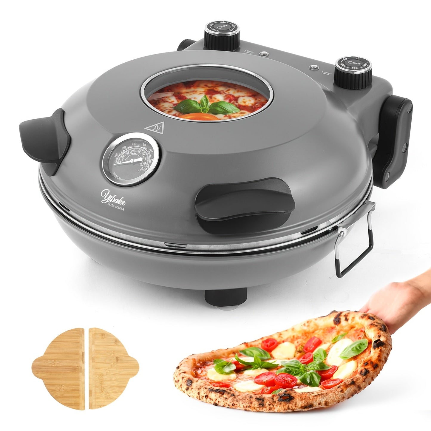 Indoor Pizza Oven 12 Inch Countertop Electric Pizza Maker 1200W – Reaches 800°F in Minutes, Dual Knob Control, Ceramic Stone, Transparent Window, Anti-Scald Handles for Home Kitchen