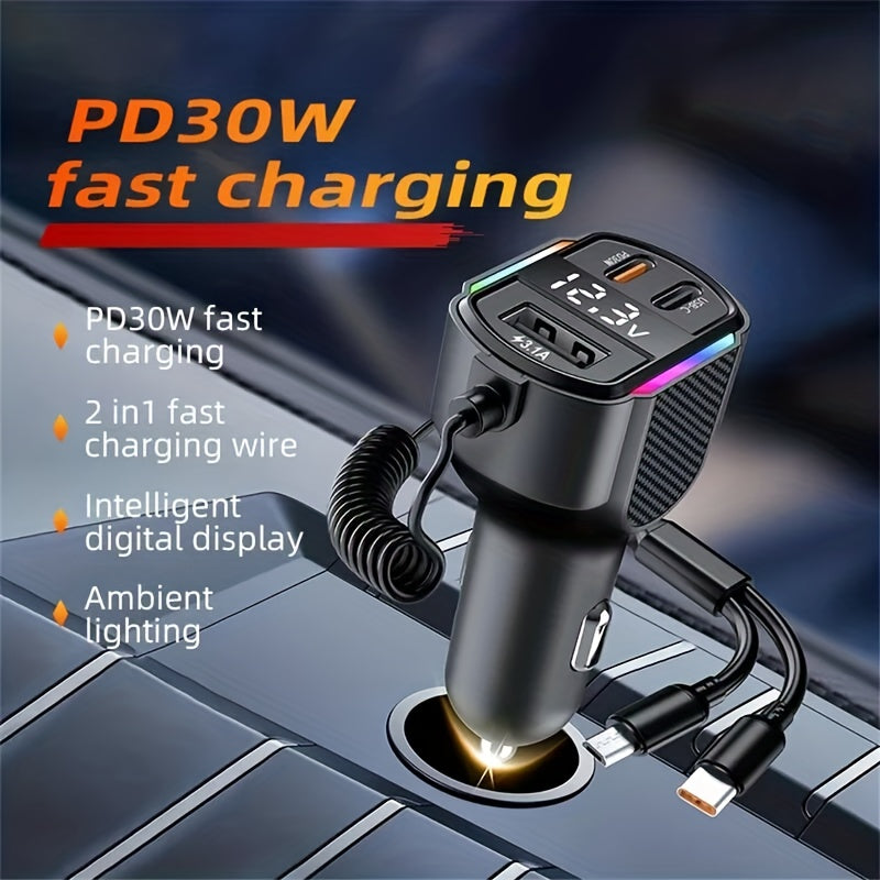30W 3-Port USB-C Car Charger with PD & QC3.0 Fast Charging, 12V/24V Car Plug Adapter, 12V-24V Vehicle Power Charger, Digital Display & Over-Voltage/Over-Current/Over-Temperature Protection, Car Plug Plug for Cars, Trucks, SUVs, RVs, Boats