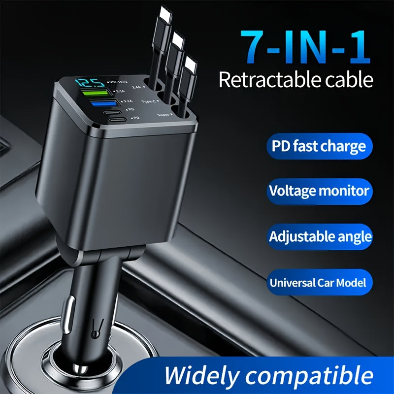 7-in-1 Car Fast Charging Mobile Phone Charger, Equipped With 3 Extendable Cables And Fast Charging Interface, Universal Plug, Easy To Operate, Supports 180 ° Free Adjustment Angle, And Is Equipped With LED Intelligent Digital Display Screen