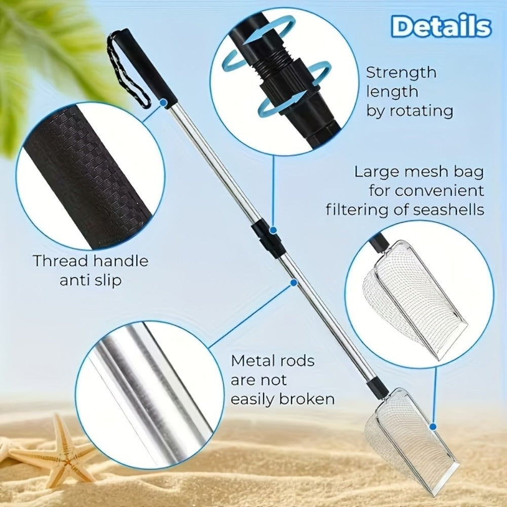 Beach Sand Sifter Scoop Telescopic Handle – Stainless Steel Retractable 3-Section Scoop for Treasure Hunting Shell Collecting Beach Combing Cat Litter Cleaning, 1pc or 2pcs