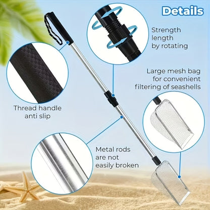 Beach Sand Sifter Scoop Telescopic Handle – Stainless Steel Retractable 3-Section Scoop for Treasure Hunting Shell Collecting Beach Combing Cat Litter Cleaning, 1pc or 2pcs