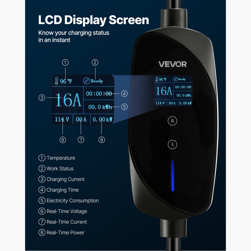 VEVOR Level 1&2 EV Charger Portable Charger 16A Adjustable Current 120V 240V with LCD/LED Indicator