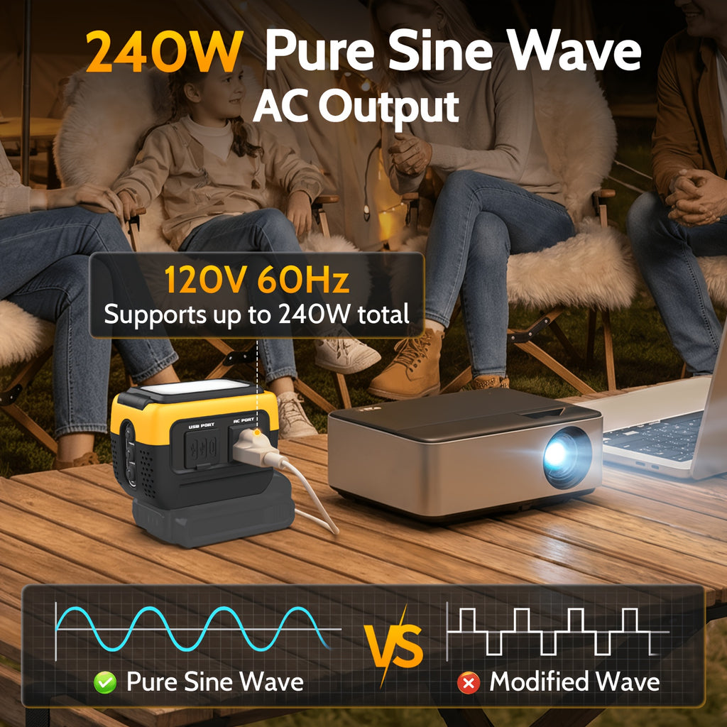 240W Power Inverter Pure Sine Wave, Compatible with De-Walt 20V Battery, Power Inverter Adapter, USB-C 140W Fast Battery Bidirectional Charger, 120V AC Outlets, 2 QC USB Ports(18W), 600LM LED, Summer Outdoor Camping Essentials(No Battery)