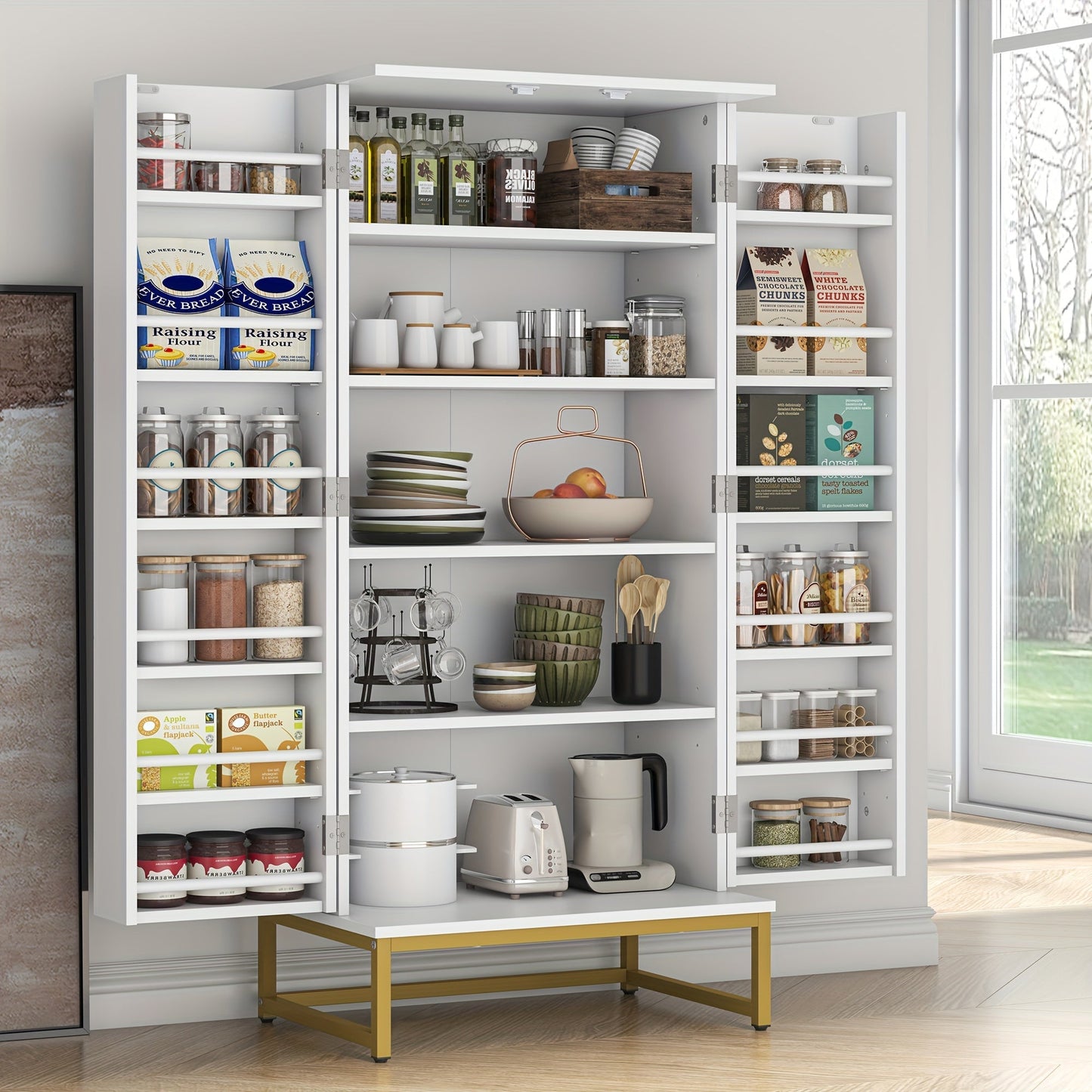 Kitchen Pantry Cabinet, 51 Inch Modern with 6 Adjustable Shelves Golden Metal Base Tall shown in the main product view