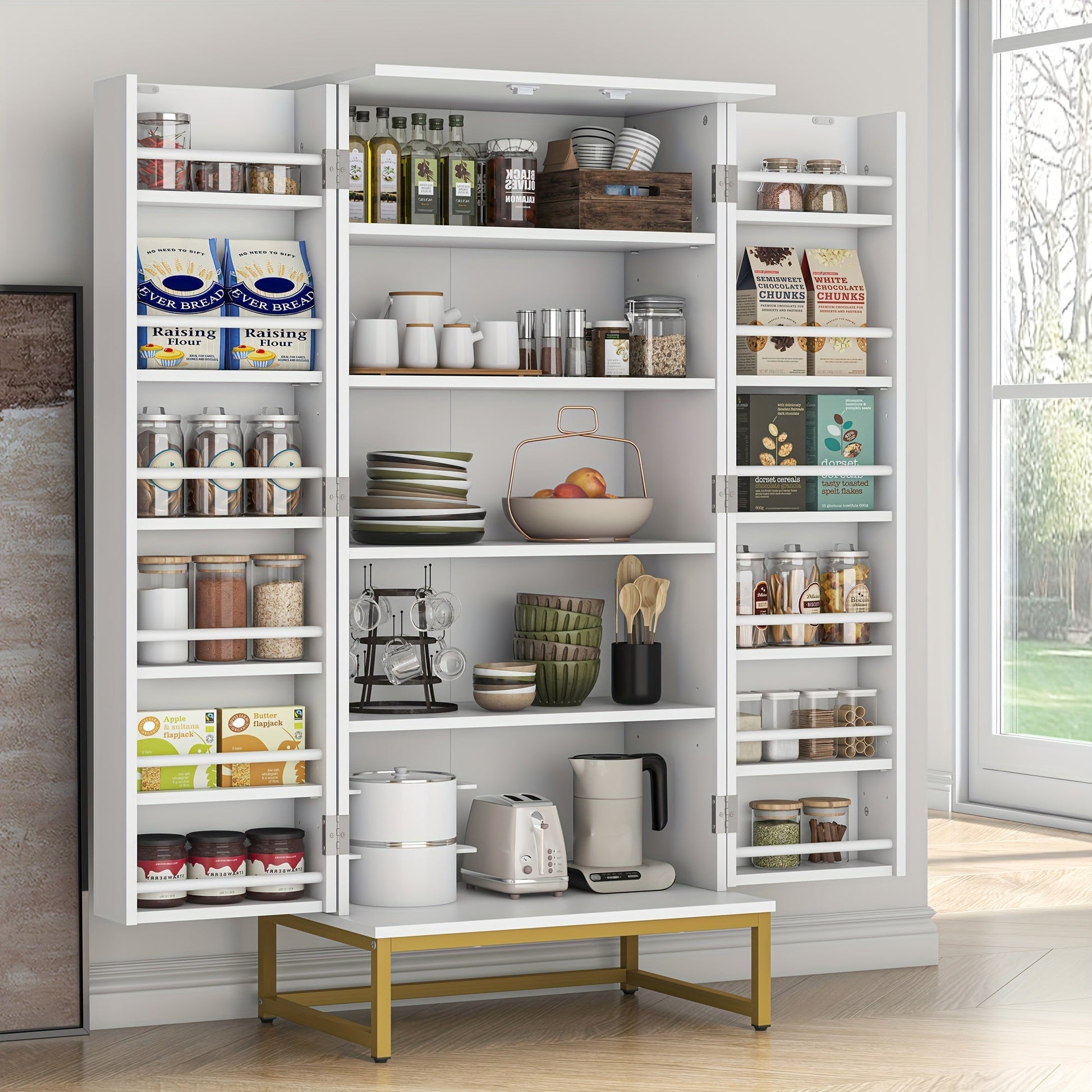 Kitchen Pantry Cabinet, 51 Inch Modern with 6 Adjustable Shelves Golden Metal Base Tall shown in the main product view