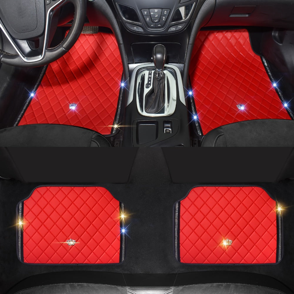 Luxury Car Floor Mats PU Leather Rhinestone Crown Embroidery – Glitter 3D Embossed Foot Pad, Easy Clean, Unisex, Red & Black