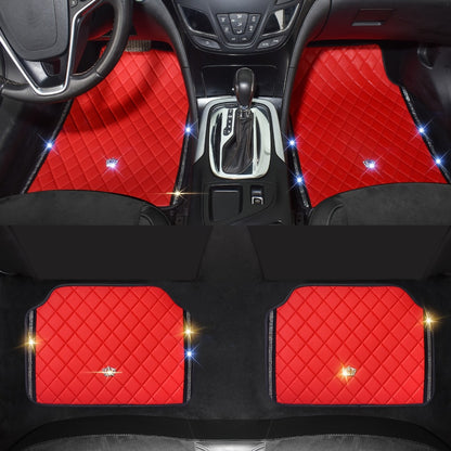 Luxury Car Floor Mats PU Leather Rhinestone Crown Embroidery – Glitter 3D Embossed Foot Pad, Easy Clean, Unisex, Red & Black