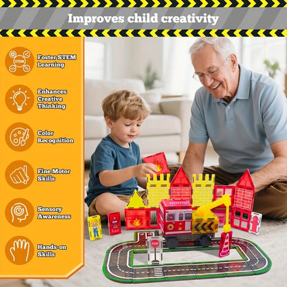 Magnetic Tiles Firefighting Theme Building Set for Kids – Fire Truck Fire Station Roads Crane & Car Toys, STEM Educational Magnetic Blocks for Boys Ages 3 4 5 6, Birthday Gift for Young Builders