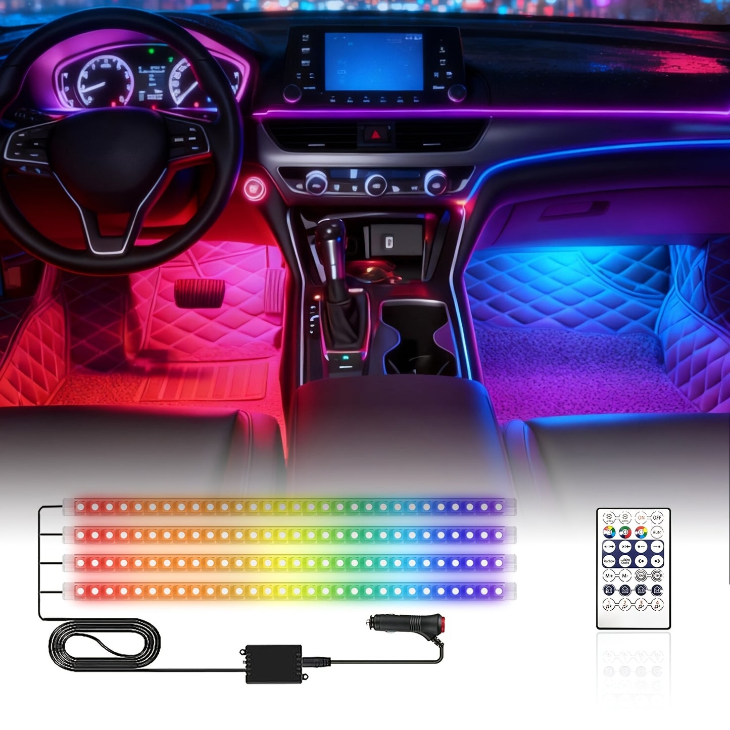 4pcs RGB LED Car Lights, 48 Leds Interior Car Lights with App Control, Multicolor Music Car Strip Light, Under Dash Lighting Kit for Car Truck SUV, Without Battery