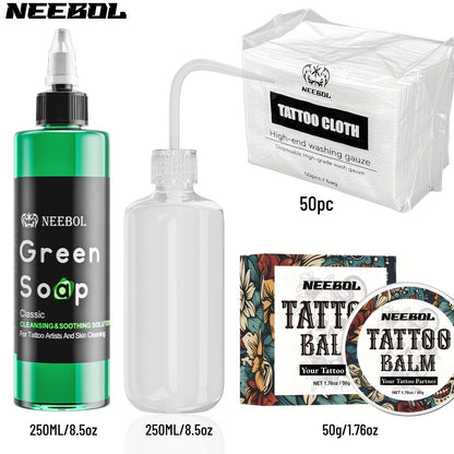 Tattoo Green Soap Concentrated Cleaning Solution 8.5oz with Squeeze Bottle Skin Prep Before During & After Tattooing Moisturizing Balm Lint-Free Wipes for Artists & PMU
