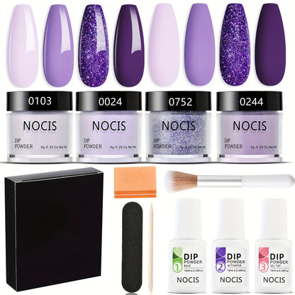 Dip Powder Nail Kit 4 Colors Lilac Lavender Purple Glitter - All-in-One Beginner Manicure Set with Base Coat Activator Top Coat No UV Lamp French Nail Art Home Salon
