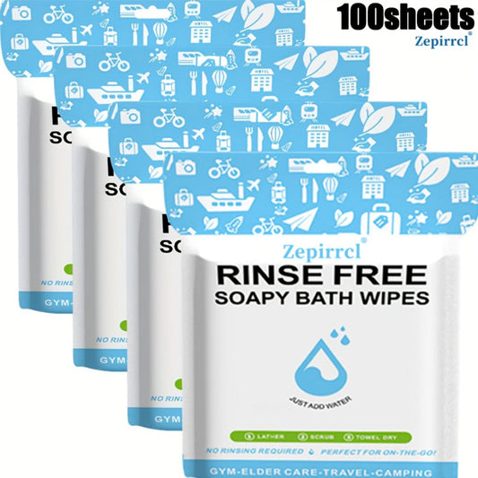 No-Rinse Disposable Bath Wipes 100pcs Large 11.81in - Foaming Body Cleansing Cloths Soap Sheets Just Add Water for Travel Camping Hiking Gym Outdoor Portable Waterless Body Wash