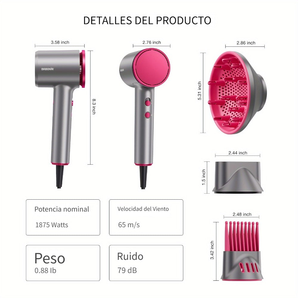 Diffuser Hair Dryer for Curly Hair 1875W Ionic Blow Dryer - Lightweight Compact Professional Frizz Control Fast Drying Styling Tool for Women Men Gray White