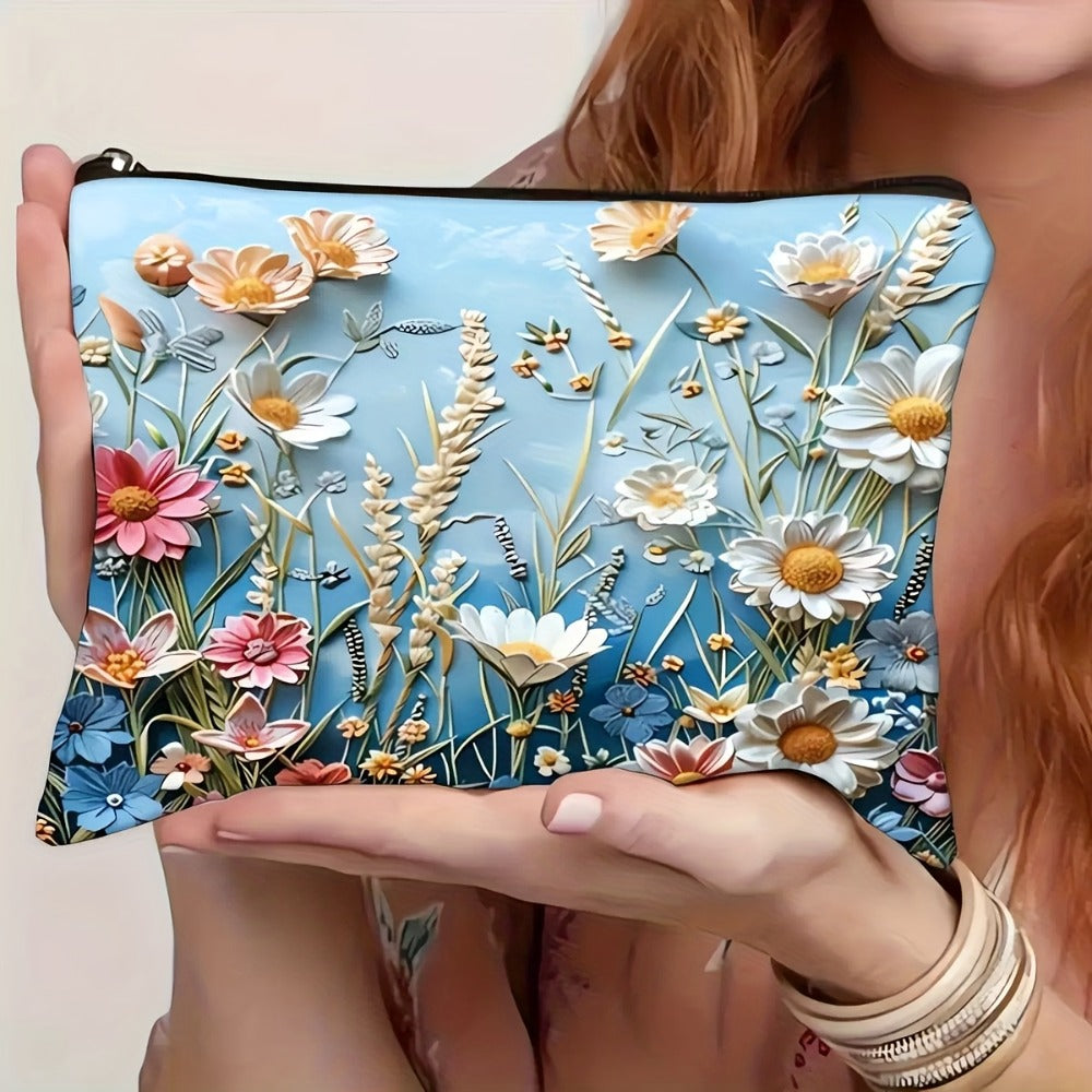 Daisy Floral Makeup Bag 4-Pack Set Foldable Zipper Travel Cosmetic Pouch Durable Toiletry Organizer Gift for Women Girls Sisters Girlfriends Birthday Christmas Holiday