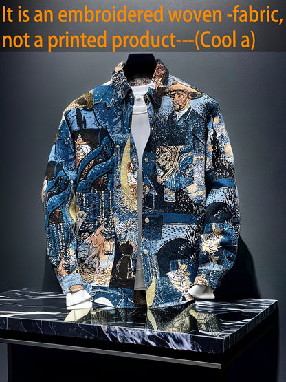 Men's Art Print Slim Fit Long Sleeve Dress Shirt - Stretch