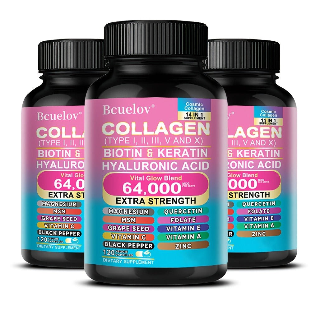 Collagen Capsules Types I II III V X with Biotin Keratin Hyaluronic Acid — Supports Skin Elasticity Hair Growth & Nail Strength | Anti-Aging Beauty Supplement | 120 Capsules