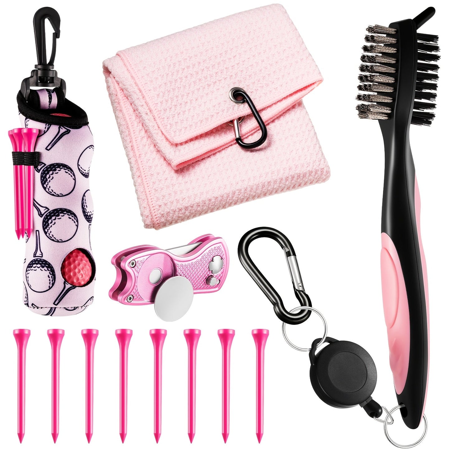 Golf Accessories Gift Set 12-Piece Pink – Includes Tees, Towel, Ball Bag with Hook, Cleaning Brush & Divot Tool with Magnetic Ball Marker, Perfect Golf Gift for Men & Women Golfers