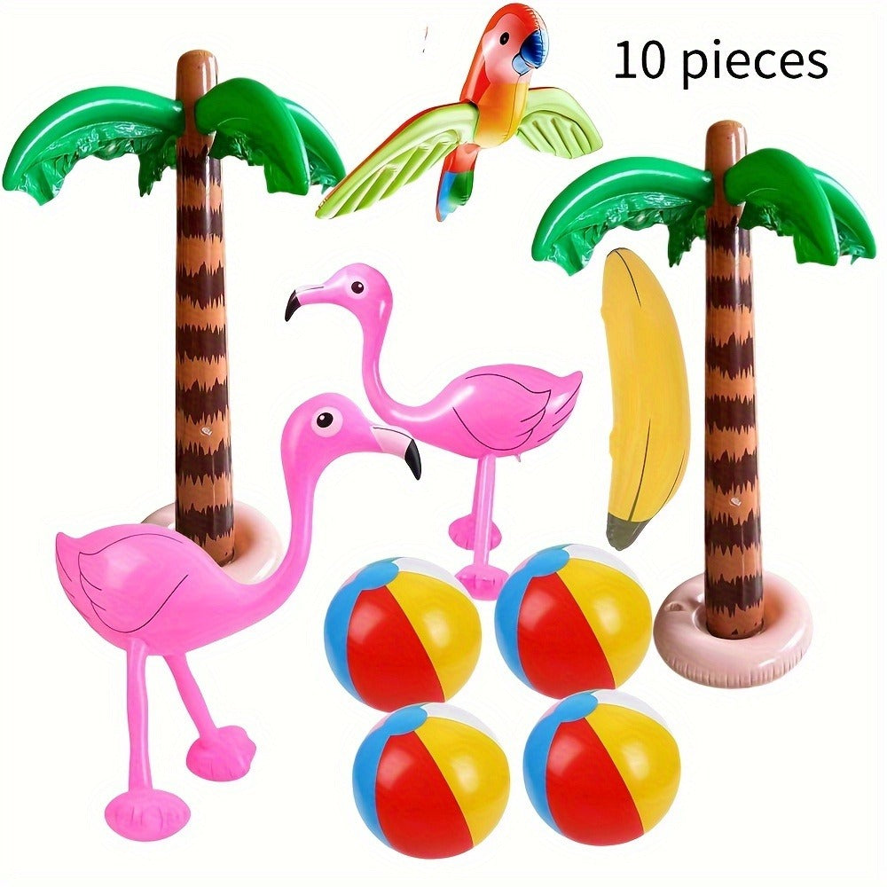Hawaiian Luau Inflatable Party Decorations 10-Piece Set – 2 Palm Trees, 2 Flamingos, 4 Beach Balls, Parrot & Banana, Tropical Pool Party Supplies for Kids & Adults, Summer Beach Birthday Gift
