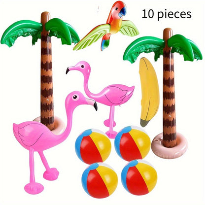 Hawaiian Luau Inflatable Party Decorations 10-Piece Set – 2 Palm Trees, 2 Flamingos, 4 Beach Balls, Parrot & Banana, Tropical Pool Party Supplies for Kids & Adults, Summer Beach Birthday Gift