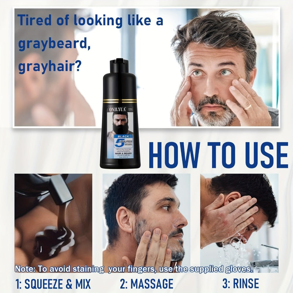 Beard Dye Shampoo for Men 2-in-1 Hair & Beard Grey Coverage Argan Oil No-Mix Formula – Fast 5-20 Min Long-Lasting Natural Color 6.76 oz Mustache Goatee Facial Hair