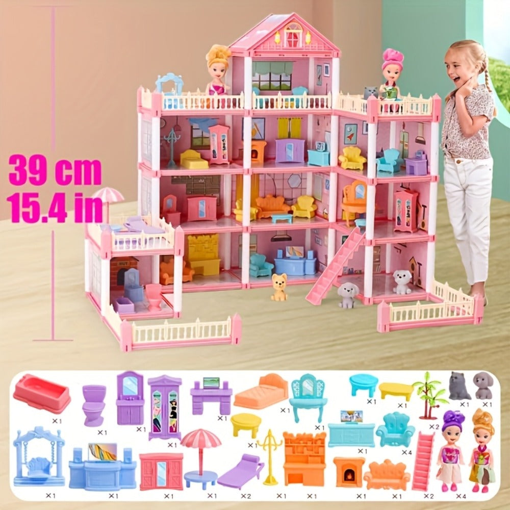 Princess Doll House Castle with Furniture & Accessories – Pink or Blue Mini Villa Playset 14 to 27 Rooms, Imaginative Play Logical Thinking Toy for Girls Ages 3+ Birthday Christmas Gift