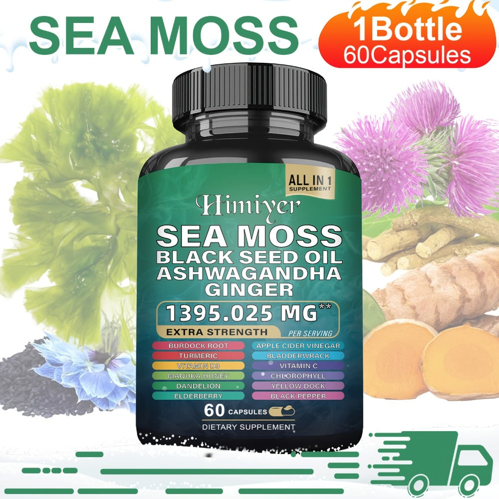 Sea Moss & Shilajit Capsules 12-in-1 Supplement - Bladderwrack Burdock Ashwagandha Black Seed Vitamin C D3 Rhodiola Ginseng Complete Wellness Formula for Energy Immunity Vitality