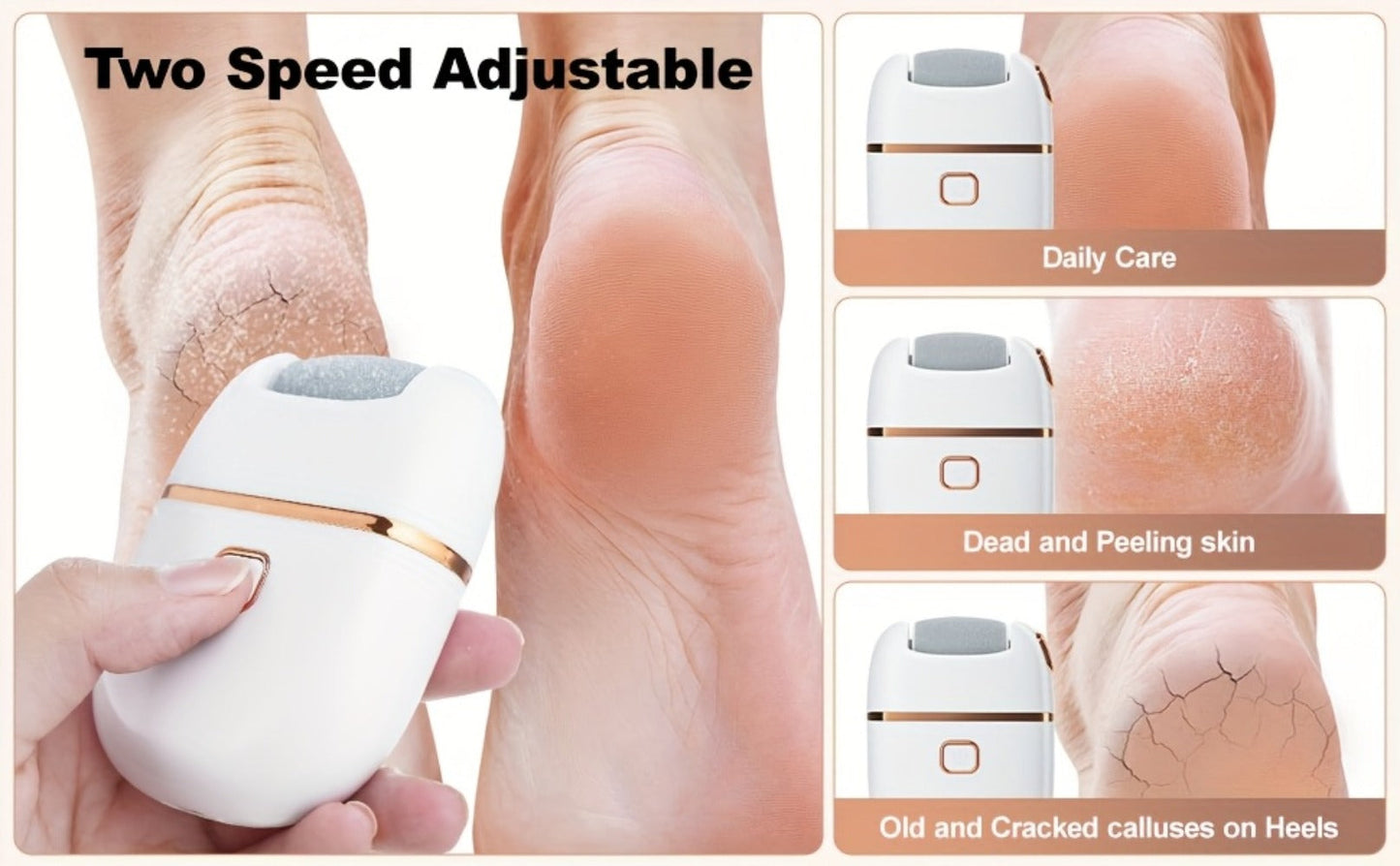 Electric Callus Remover Rechargeable Foot Grinder with 3 Replacement Heads 2 Speed Settings IPX5 Waterproof USB Charging Portable Pedicure Tool for Cracked Heels Dead Skin Women Men