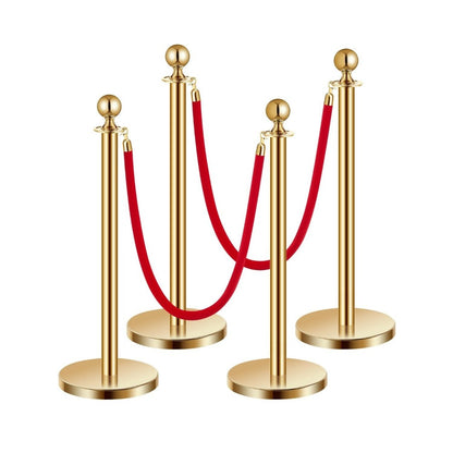 Stanchion Posts with Red Velvet Rope Set - Gold Crowd Control Barrier, 201 Stainless Steel Queue Poles with Sand-Fillable Base & 4-Way Connectors, for Wedding Event Party Museum Hotel, 4/6/8 Pcs