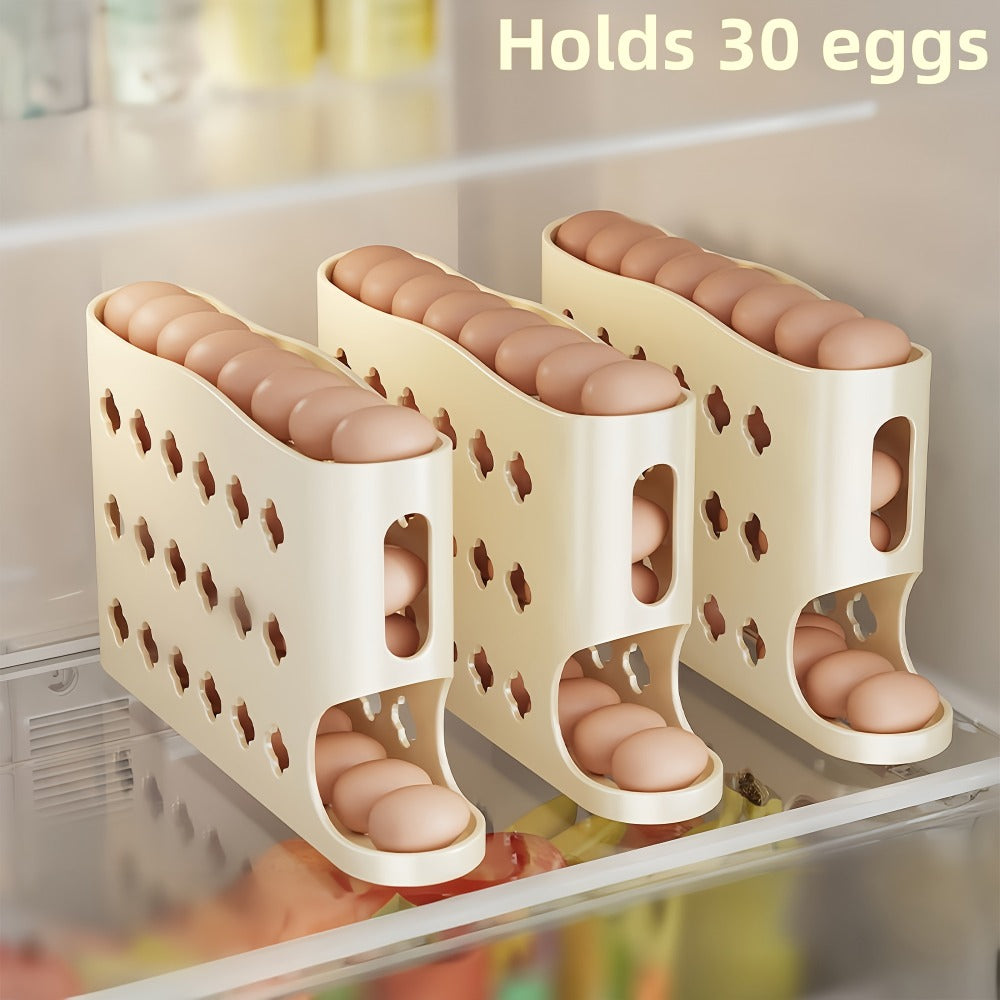 Egg Dispenser for Refrigerator, 4-Tier Automatic Rolling Egg Holder Rack – Space-Saving Egg Storage Organizer for Fridge, Kitchen Cabinet, Countertop and Table