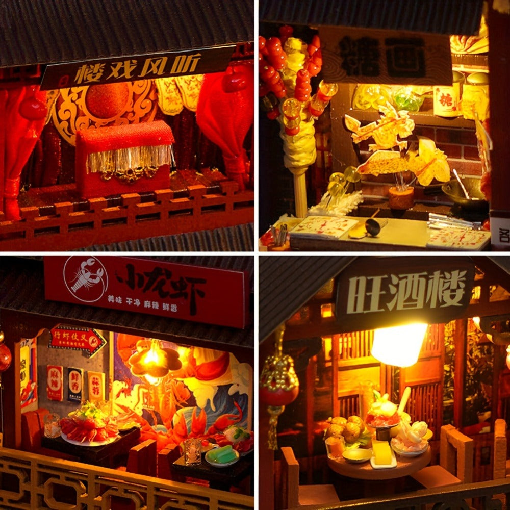 Book Nook Kit Chinese Food Street Miniature Dollhouse 3D Wooden Puzzle Bookshelf Insert DIY Model Building Set for Adults Teens – No Glue Needed Birthday Christmas Housewarming Gift