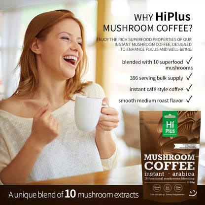 Instant Mushroom Coffee Powder 7oz with Lion's Mane Chaga Reishi Cordyceps Turkey Tail Arabica | 10 Superfood Blend for Focus Clean Energy & Immune Support | No Jitters Gluten-Free Soy-Free Dairy-Free